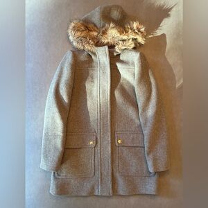 J. Crew Mercantile Gray Hooded Coat with Faux Fur Trim